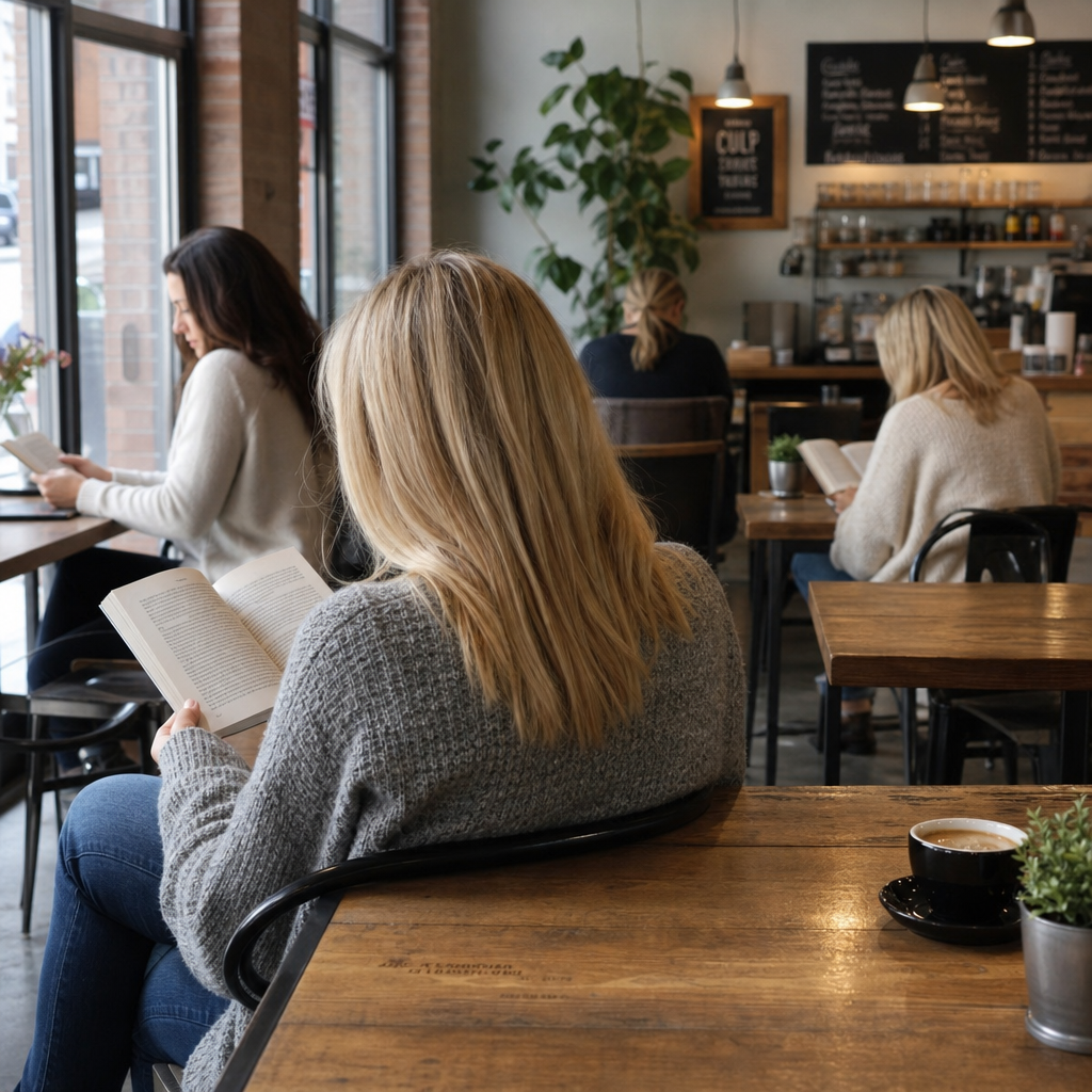 Women reading books together in a cozy cafe